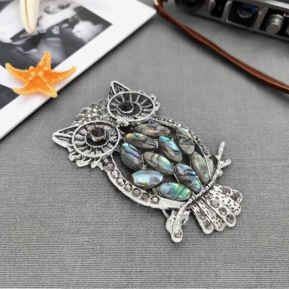 🦉 Silver Owl Brooch with Crystals &  Abalone Accents 🦉 - Picture 4 of 7